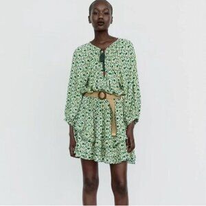 Zara Green White Ruffle Mini Dress Jute Belt Boho Size S